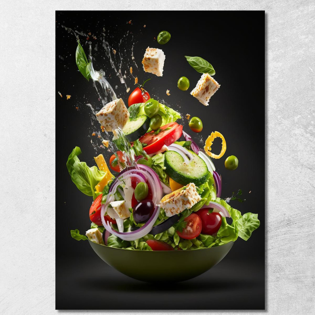 Quadro Moderno Insalata Greca Con Ingredienti In Volo foo72 quadro stampato su tela Quadro Moderno Insalata Greca Con Ingredienti In Volo foo72 quadro stampato su tela
