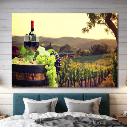 Quadro Moderno Paesaggio Di Vigneto Con Bottiglia E Bicchieri Di Vino foo84 quadro stampato su tela
