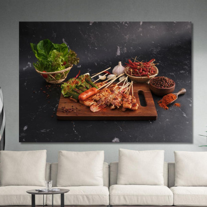 Quadro Moderno Spiedini Di Carne E Verdure Speziati Con Ingredienti Freschi foo106 quadro stampato su tela