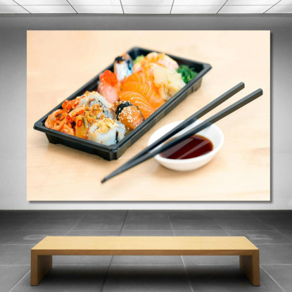 Quadro Moderno Sushi Misto In Bento Box Con Bacchette E Salsa Di Soia foo109 quadro stampato su tela