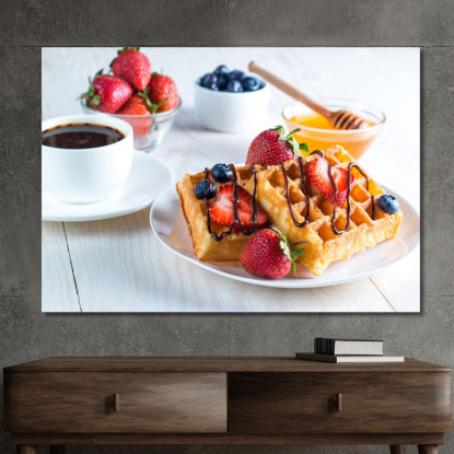 Quadro Moderno Waffle Dorati Con Fragole Cioccolato E Miele Serviti Con Caffè foo126 quadro stampato su tela