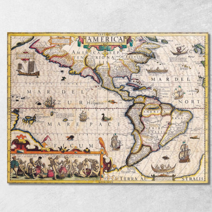 Quadro Mappa Antica Dell'America Con Navi Illustrazioni E Dettagli Geografici Storici map11 quadro stampato su tela