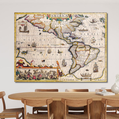 Quadro Mappa Antica Dell'America Con Navi Illustrazioni E Dettagli Geografici Storici map11 quadro stampato su tela