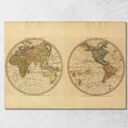 Quadro Mappa Del Mondo Antica A Due Emisferi Con Dettagli Cartografici Storici map14 quadro stampato su tela