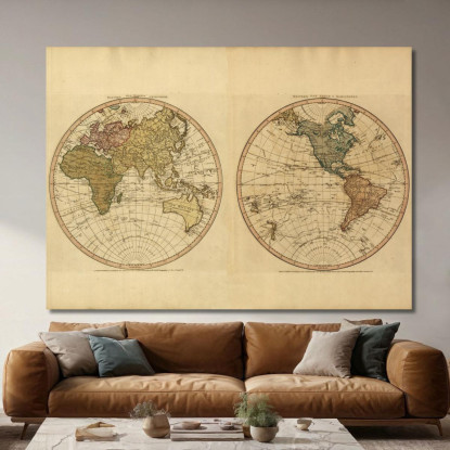 Quadro Mappa Del Mondo Antica A Due Emisferi Con Dettagli Cartografici Storici map14 quadro stampato su tela