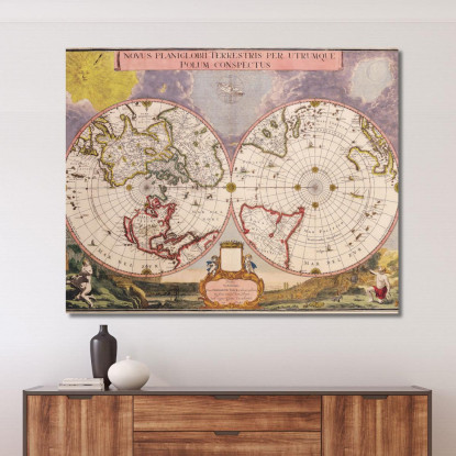 Quadro Mappa Del Mondo Antica Con Proiezione Polare E Dettagli Cartografici Storici map18 quadro stampato su tela