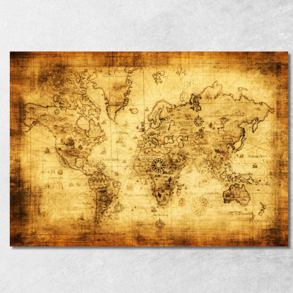 Quadro Mappa Del Mondo Antica Stile Pirata Con Effetto Invecchiato E Bussola Nautica map19 quadro stampato su tela