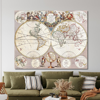 Quadro Mappa Del Mondo Antico Con Proiezione Sferica E Ornamenti Barocchi map22 quadro stampato su tela