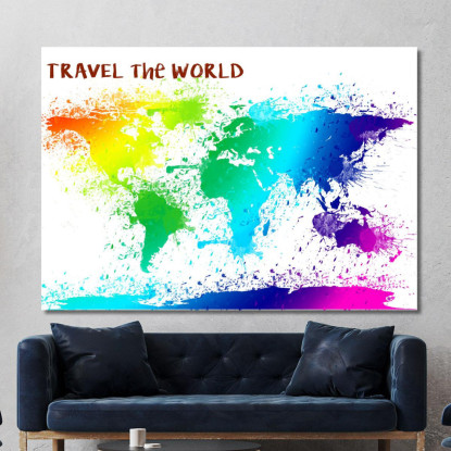 Quadro Mappa Del Mondo Colorata Effetto Acquerello Con Scritte Motivazionali map27 quadro stampato su tela