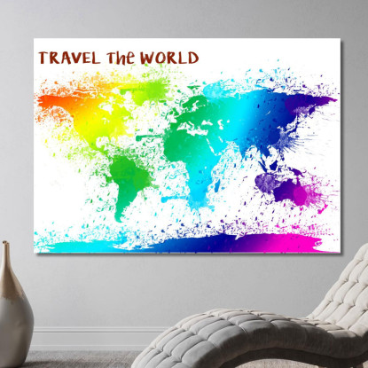 Quadro Mappa Del Mondo Colorata Effetto Acquerello Con Scritte Motivazionali map27 quadro stampato su tela