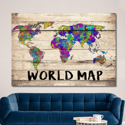 Quadro Mappa Del Mondo Colorata Effetto Acquerello Su Sfondo In Legno Vintage map28 quadro stampato su tela