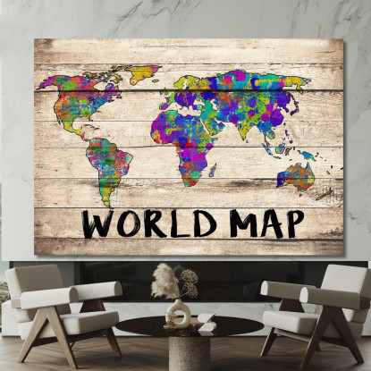 Quadro Mappa Del Mondo Colorata Effetto Acquerello Su Sfondo In Legno Vintage map28 quadro stampato su tela