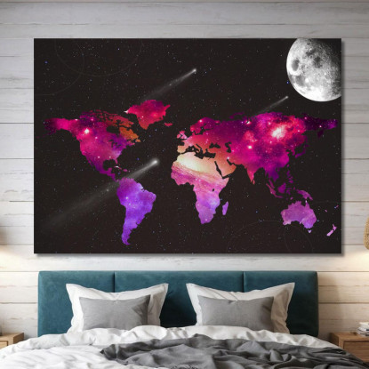 Quadro Mappa Del Mondo Spaziale Con Galassie Stelle E Luna Su Sfondo Nero map35 quadro stampato su tela