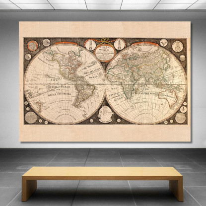 Quadro Mappa Del Mondo Vintage Con Illustrazioni Di Navi E Simboli Cartografici map39 quadro stampato su tela