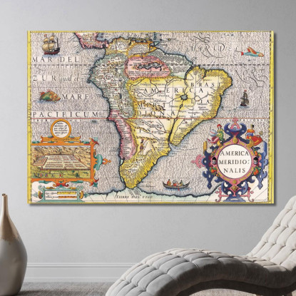 Quadro Mappa Dell'America Del Sud Antica Con Dettagli Geografici E Simboli Storici map41 quadro stampato su tela