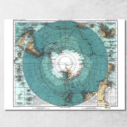 Quadro Mappa Dell'Antartide Storica Con Proiezione Polare E Dettagli Geografici Antichi map42 quadro stampato su tela