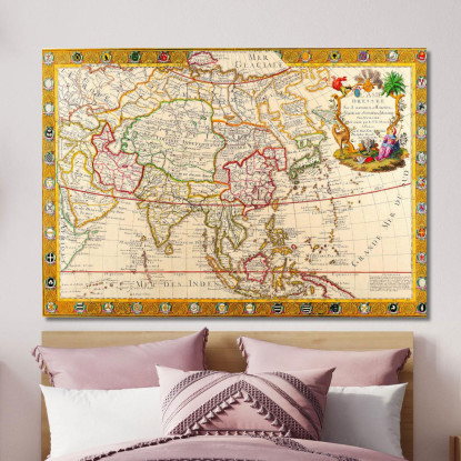 Quadro Mappa Dell'Asia Storica Con Dettagli Cartografici Antichi E Decorazioni Dorate map44 quadro stampato su tela