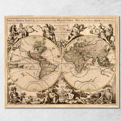 Quadro Mappa Storica Del Mondo Con Disegno Inciso E Decorazioni Mitologiche map48 quadro stampato su tela