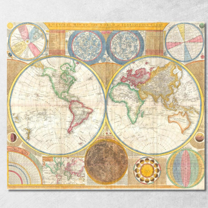 Quadro Mappa Storica Del Mondo Con Proiezione Astronomica E Dettagli Geopolitici map49 quadro stampato su tela