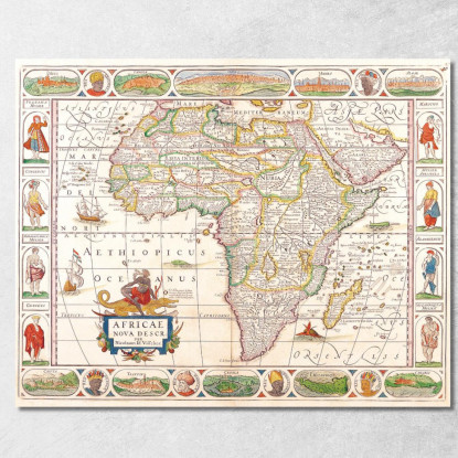 Quadro Mappa Storica Dell'Africa Con Elementi Decorativi Rinascimentali map54 quadro stampato su tela