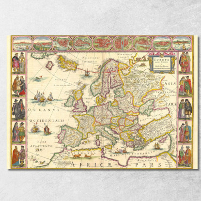 Quadro Mappa Storica Dell'Europa Con Confini Dettagliati E Illustrazioni Decorative map57 quadro stampato su tela