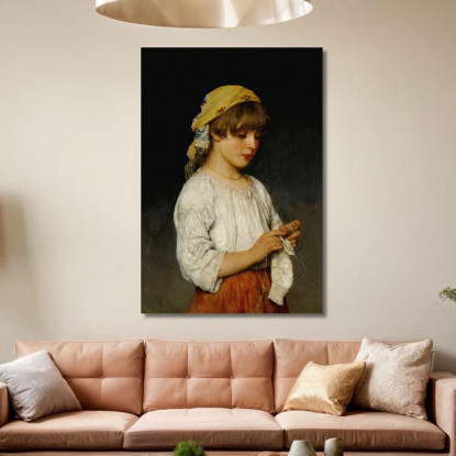 Ragazza Che Lavora A Maglia Con Fazzoletto Eugen von Blaas evb44 quadro stampato su tela