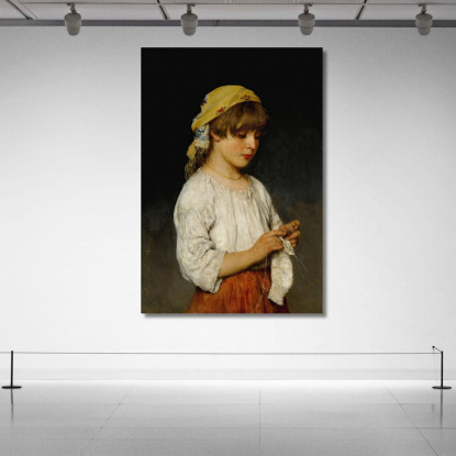 Ragazza Che Lavora A Maglia Con Fazzoletto Eugen von Blaas evb44 quadro stampato su tela
