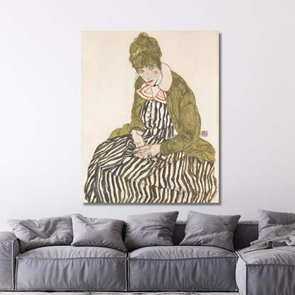 Edith Con Vestito A Righe Seduta Egon Schiele esh46 quadro stampato su tela