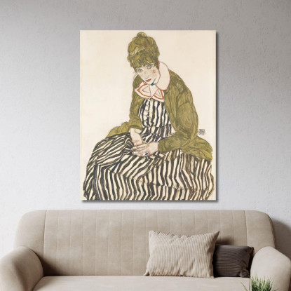 Edith Con Vestito A Righe Seduta Egon Schiele esh46 quadro stampato su tela