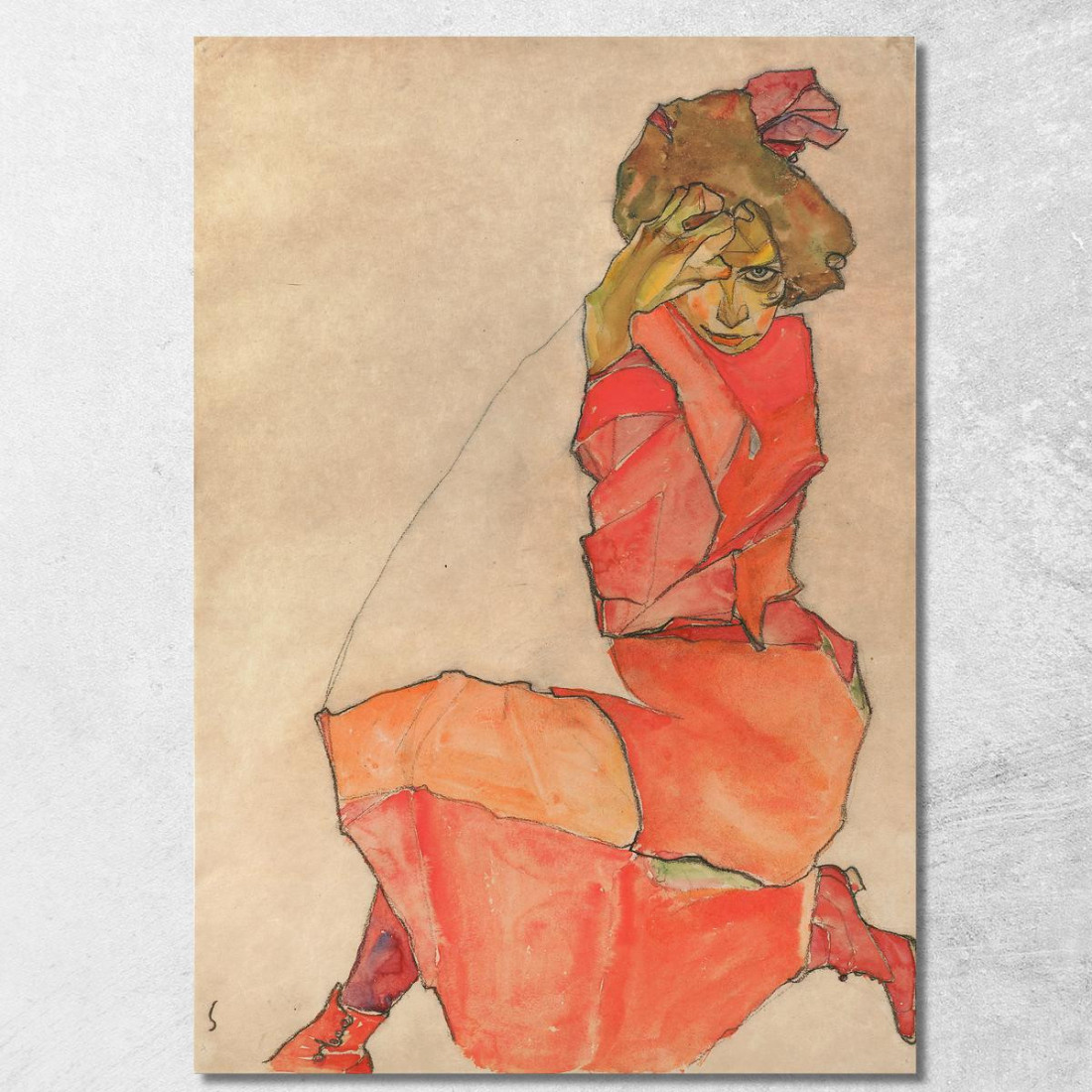Donna Inginocchiata In Abito Arancione-Rosso Egon Schiele esh76 quadro stampato su tela Donna Inginocchiata In Abito Arancione-Rosso Egon Schiele esh76 quadro stampato su tela