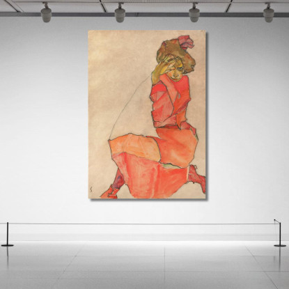 Donna Inginocchiata In Abito Arancione-Rosso Egon Schiele esh76 quadro stampato su tela