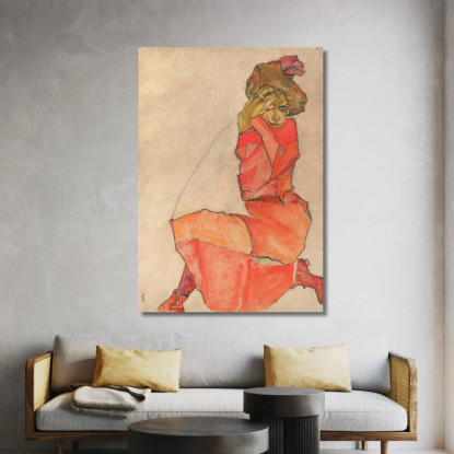 Donna Inginocchiata In Abito Arancione-Rosso Egon Schiele esh76 quadro stampato su tela