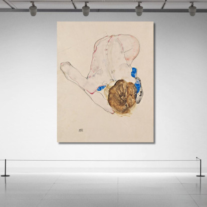 Nudo Con Calze Blu Piegandosi In Avanti Egon Schiele esh109 quadro stampato su tela