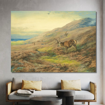 Nelle Highlands: Cervo Rosso Assalito Da Una Coppia Di Falchi Pellegrini Archibald Thorburn ath57 quadro stampato su tela