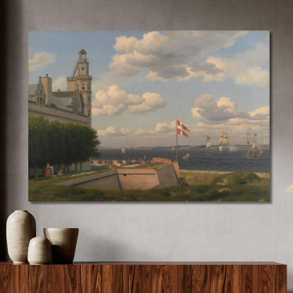 Una Vista Verso La Costa Svedese Dalle Mura Del Castello Di Kronborg Christoffer Wilhelm Eckersberg cwe10 quadro stampato su te