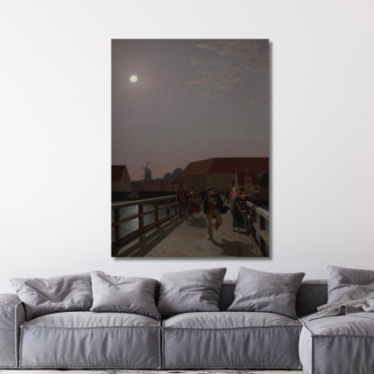 Langebro Copenaghen Al Chiaro Di Luna Con Figure In Movimento Christoffer Wilhelm Eckersberg cwe34 quadro stampato su tela