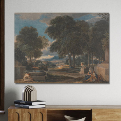 Paesaggio Con Un Uomo Che Si Lava I Piedi A Una Fontana Dopo Poussin David Cox dcx28 quadro stampato su tela