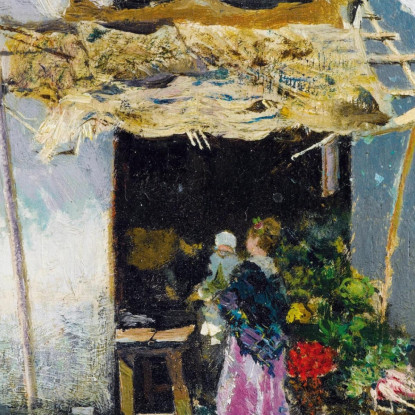 Giovane Donna Con Gonna Lilla Davanti A Una Bancarella Di Verdure Mariano Fortuny Marsal mfm26 quadro stampato su tela