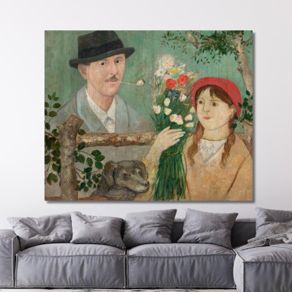 Idillio Accanto A Una Recinzione (Autoritratto Di Ragazza Con Fiori E Cane) Tadeusz Makowski tmk81 quadro stampato su tela