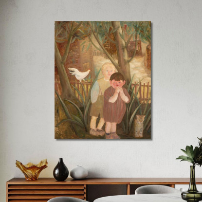 Due Bambini Con Un Gatto Tadeusz Makowski tmk184 quadro stampato su tela