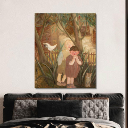 Due Bambini Con Un Gatto Tadeusz Makowski tmk184 quadro stampato su tela