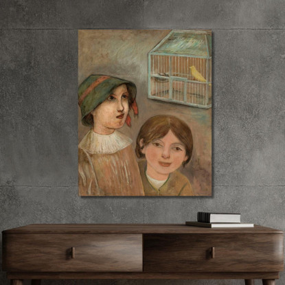 Due Bambine Accanto A Una Gabbia Con Un Canarino Tadeusz Makowski tmk190 quadro stampato su tela
