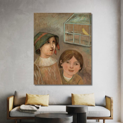 Due Bambine Accanto A Una Gabbia Con Un Canarino Tadeusz Makowski tmk190 quadro stampato su tela