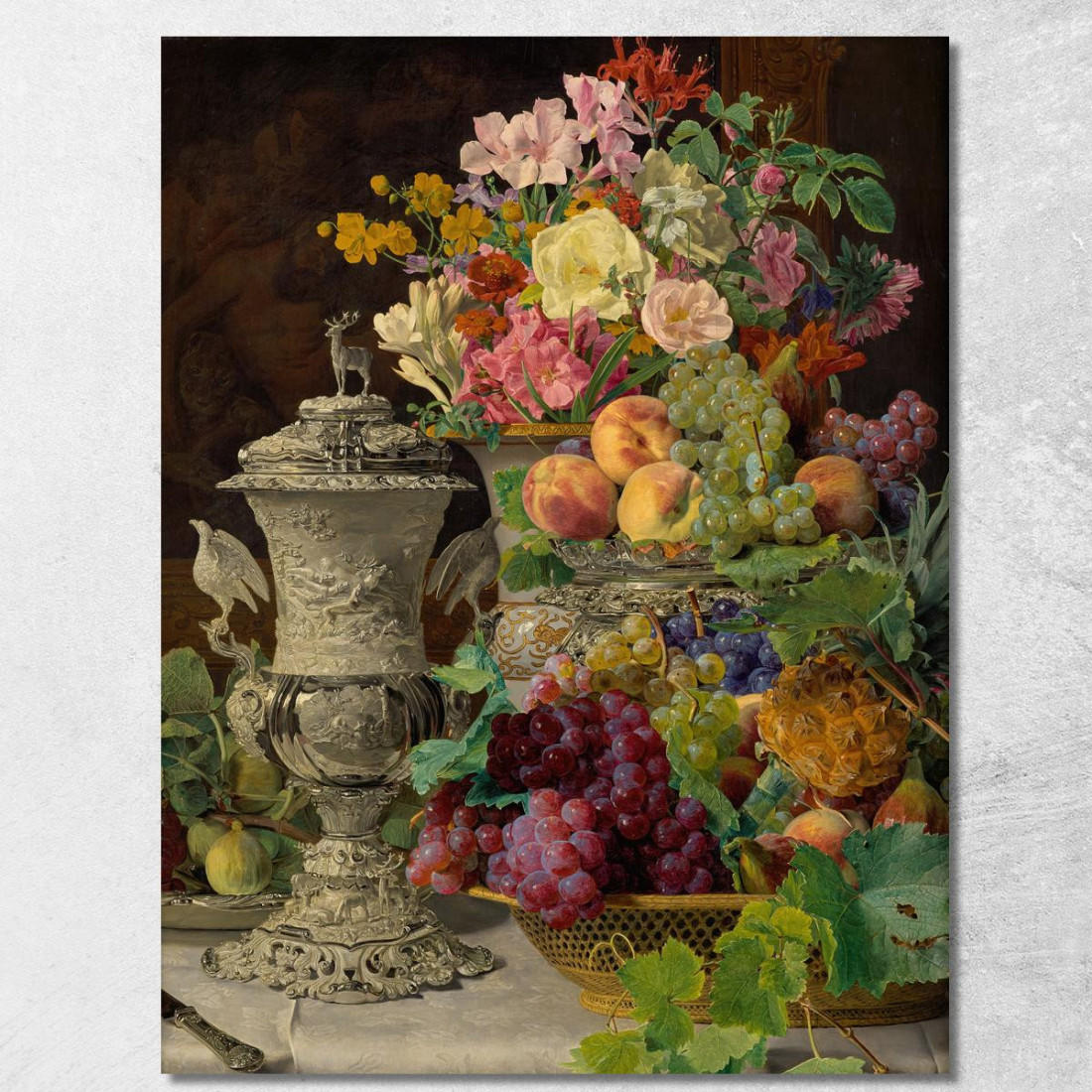 Natura Morta Con Frutta Fiori E Coppa D'Argento Ferdinand Georg Waldmüller fgw103 quadro stampato su tela Natura Morta Con Frutta Fiori E Coppa D'Argento Ferdinand Georg Waldmüller fgw103 quadro stampato su tela