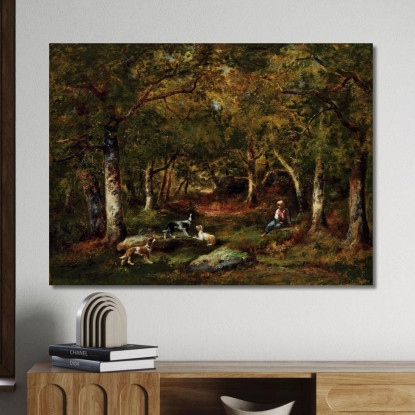 Bambino E Cani Da Caccia Nella Foresta Narcisse-Virgile Diaz de La Peña nvd19 quadro stampato su tela