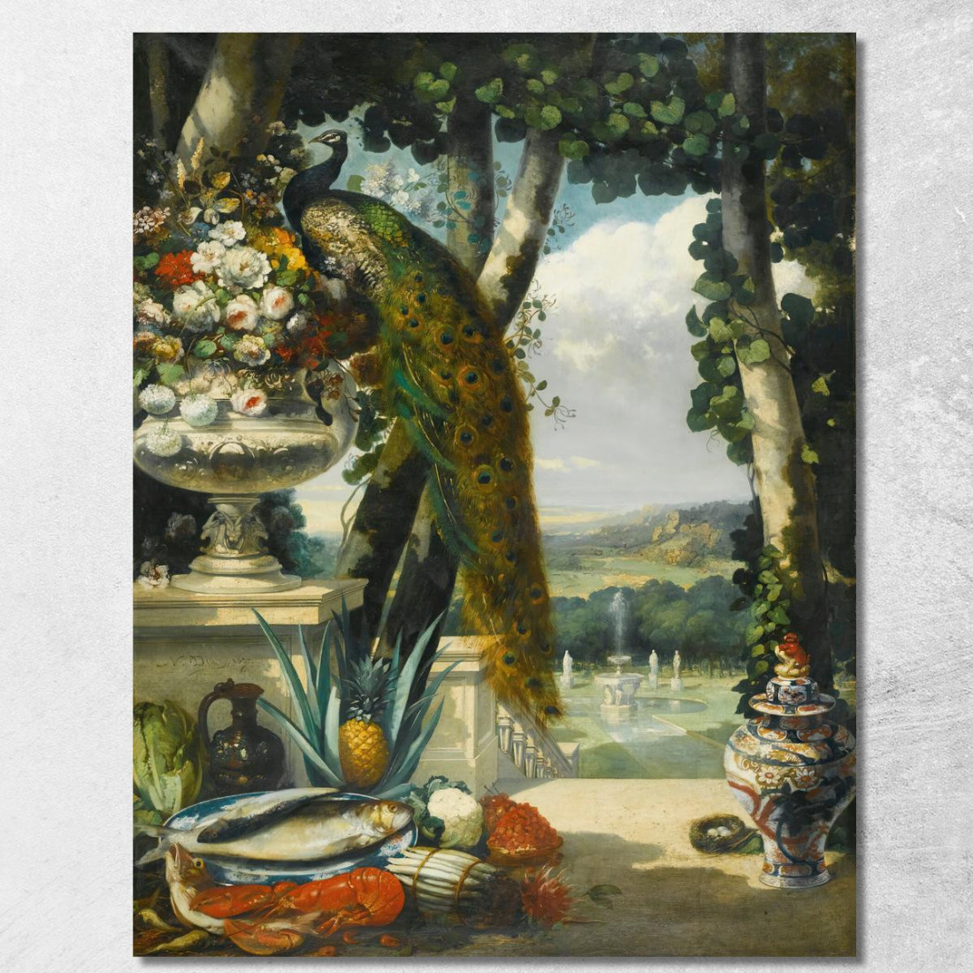 Natura Morta Con Fiori Di Pavone Frutta E Vaso Giapponese Con Un Vasto Paesaggio Di Parco Sullo Sfondo Narcisse-Virgile Diaz de Natura Morta Con Fiori Di Pavone Frutta E Vaso Giapponese Con Un Vasto Paesaggio Di Parco Sullo Sfondo Narcisse-Virgile Diaz de