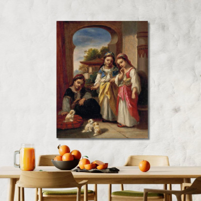 Tre Bambine E Tre Cuccioli In Turchia Narcisse-Virgile Diaz de La Peña nvd76 quadro stampato su tela