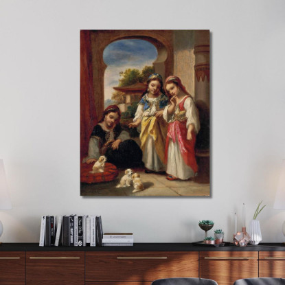 Tre Bambine E Tre Cuccioli In Turchia Narcisse-Virgile Diaz de La Peña nvd76 quadro stampato su tela