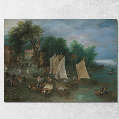 Un Molo Vicino A Un Villaggio Con Navi E Figure Jan Brueghel The Elder jbe1 quadro stampato su tela