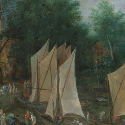 Un Molo Vicino A Un Villaggio Con Navi E Figure Jan Brueghel The Elder jbe1 quadro stampato su tela